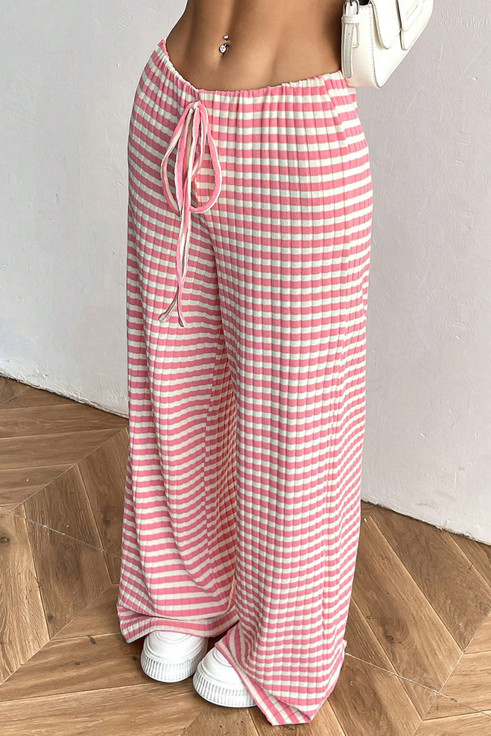 Pink Stripe Colorblock Print Cotton Drawstring Pants - MAD RUFFI