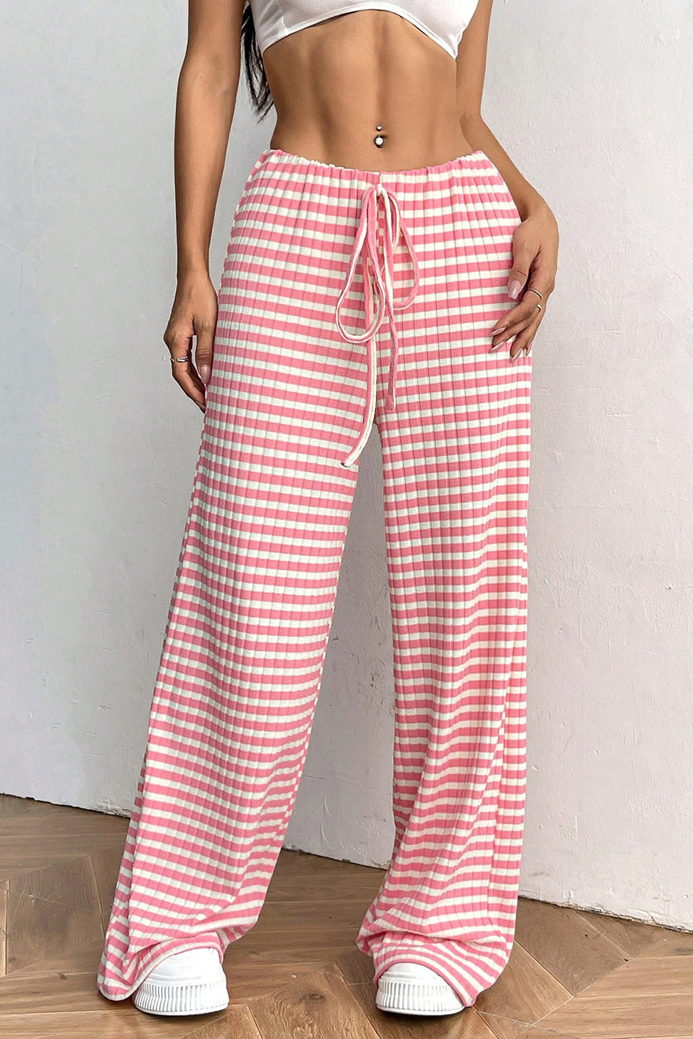 Pink Stripe Colorblock Print Cotton Drawstring Pants - MAD RUFFI