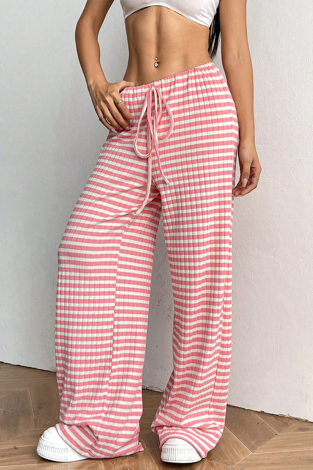 Pink Stripe Colorblock Print Cotton Drawstring Pants - MAD RUFFI