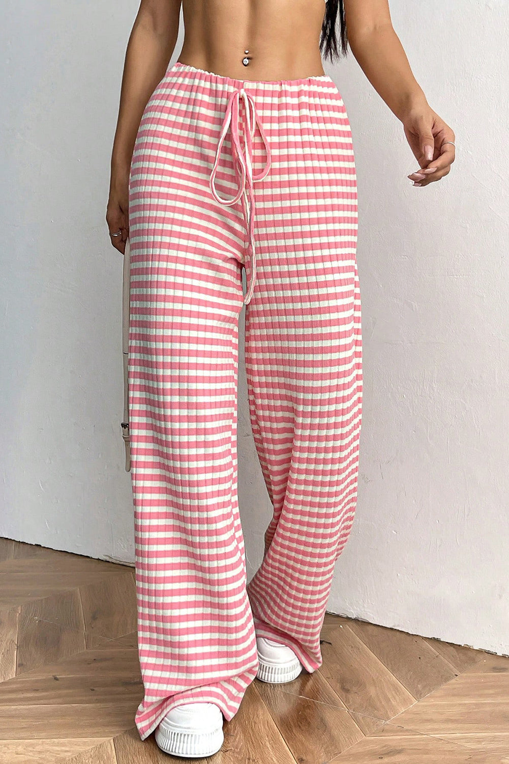 Pink Stripe Colorblock Print Cotton Drawstring Pants - MAD RUFFI