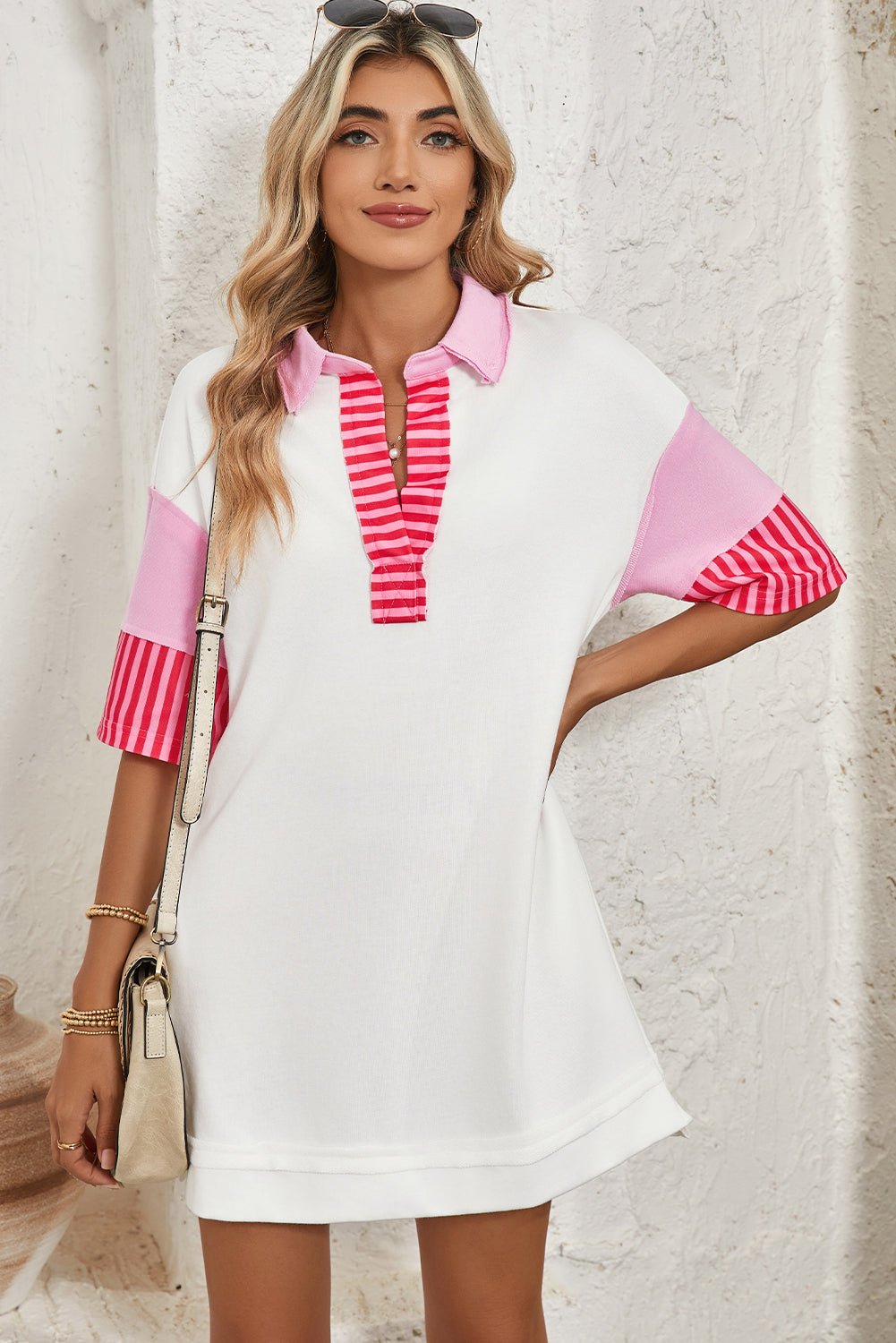 Pink Stripe Colorblock Sleeve Collared Pop of Color Neckline Dress - MAD RUFFI