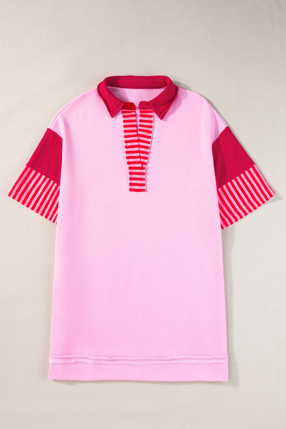 Pink Stripe Colorblock Sleeve Collared Pop of Color Neckline Dress - MAD RUFFI