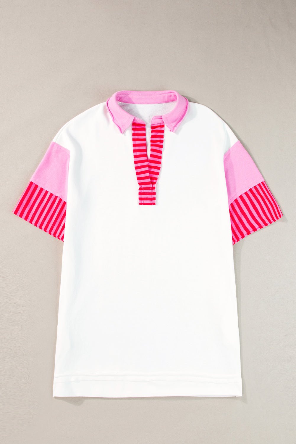 Pink Stripe Colorblock Sleeve Collared Pop of Color Neckline Dress - MAD RUFFI