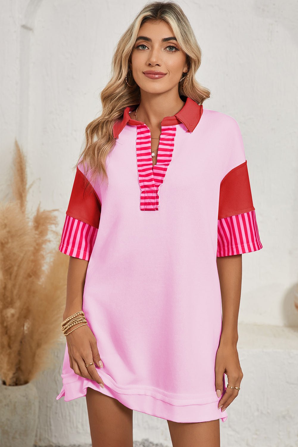 Pink Stripe Colorblock Sleeve Collared Pop of Color Neckline Dress - MAD RUFFI