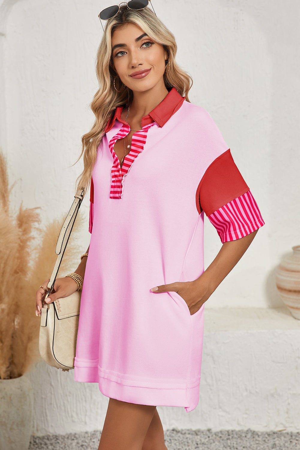 Pink Stripe Colorblock Sleeve Collared Pop of Color Neckline Dress - MAD RUFFI