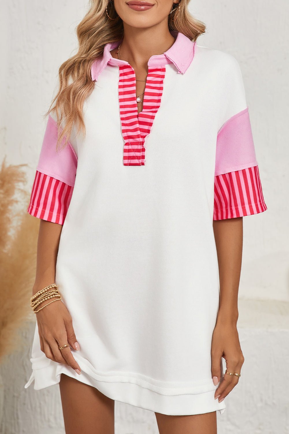 Pink Stripe Colorblock Sleeve Collared Pop of Color Neckline Dress - MAD RUFFI
