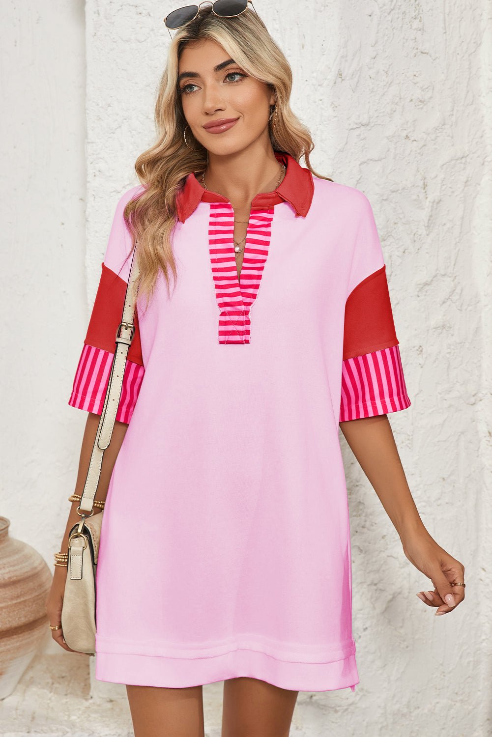 Pink Stripe Colorblock Sleeve Collared Pop of Color Neckline Dress - MAD RUFFI