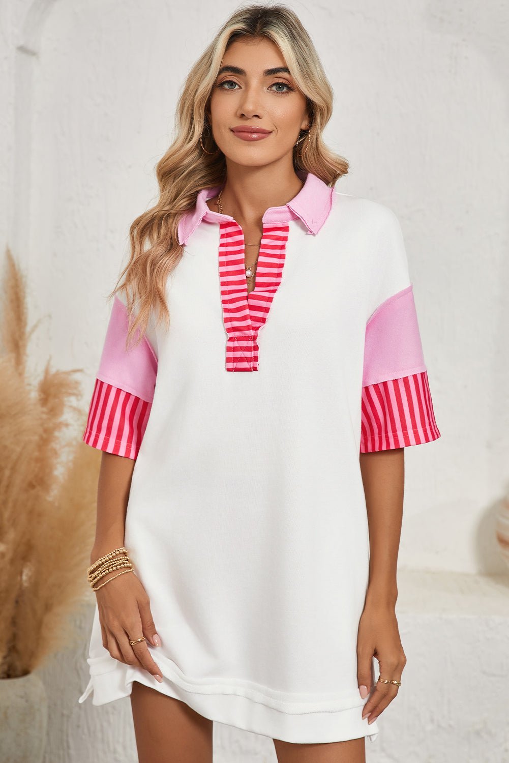 Pink Stripe Colorblock Sleeve Collared Pop of Color Neckline Dress - MAD RUFFI