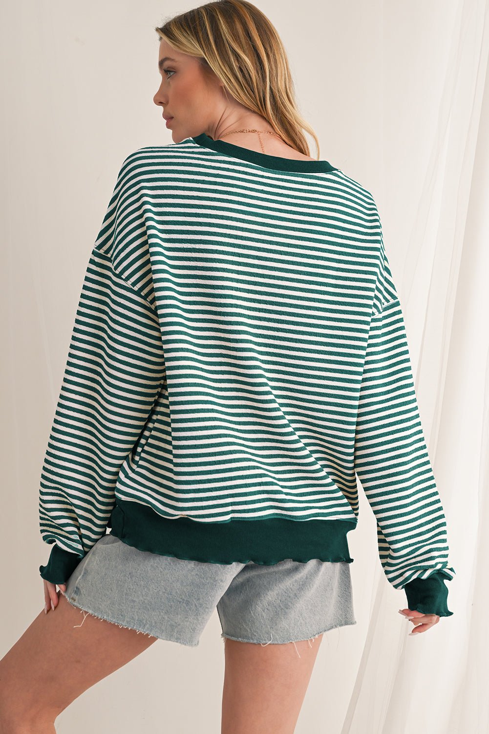Pink Stripe Drop Shoulder Long Sleeve Top - MAD RUFFI