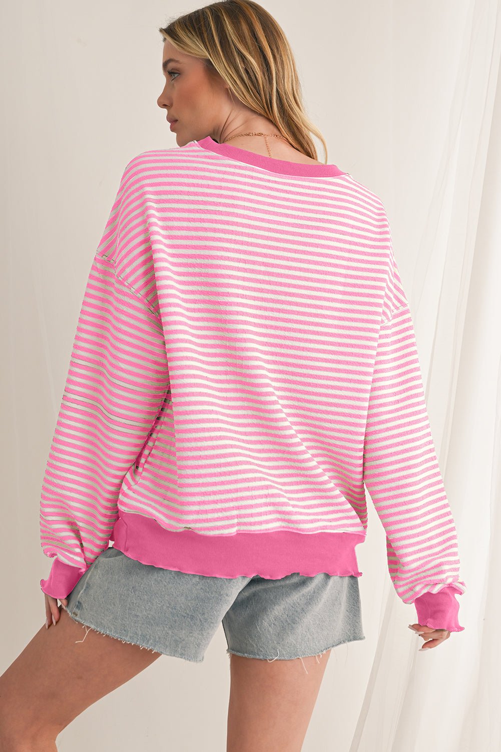 Pink Stripe Drop Shoulder Long Sleeve Top - MAD RUFFI
