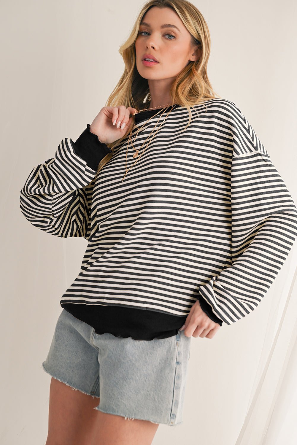Pink Stripe Drop Shoulder Long Sleeve Top - MAD RUFFI