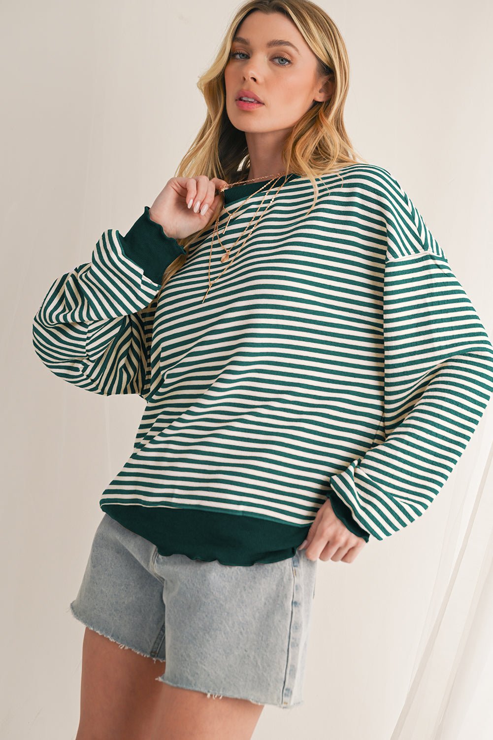 Pink Stripe Drop Shoulder Long Sleeve Top - MAD RUFFI