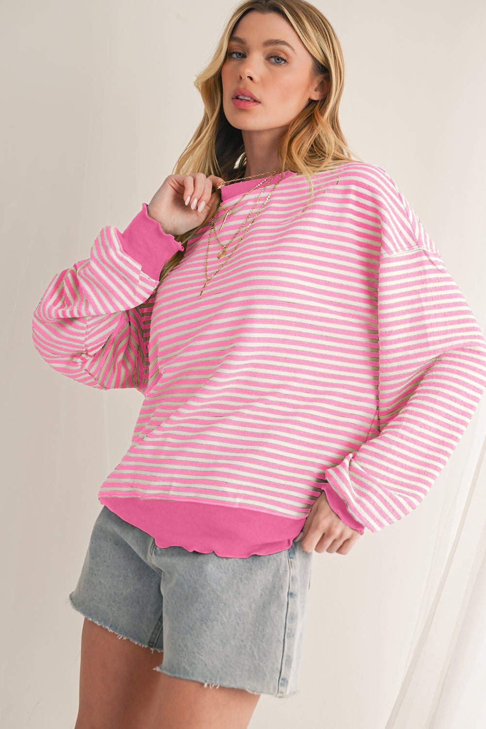 Pink Stripe Drop Shoulder Long Sleeve Top - MAD RUFFI