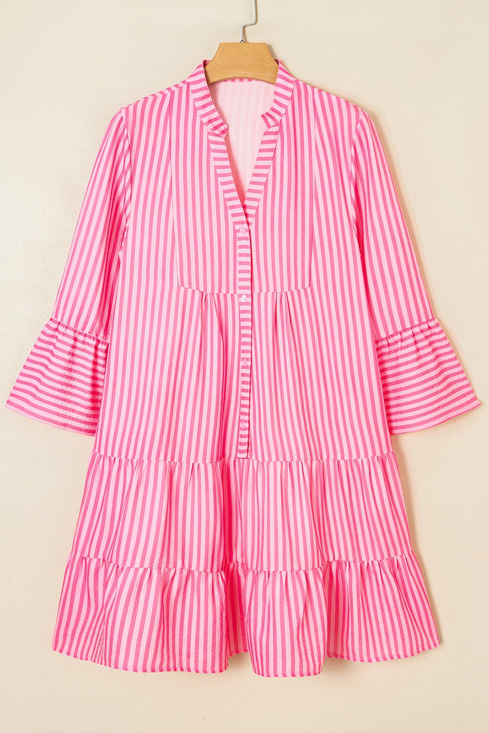Pink Stripe Flare Sleeve Half Placket Tiered Flowy Mini Dress - MAD RUFFI