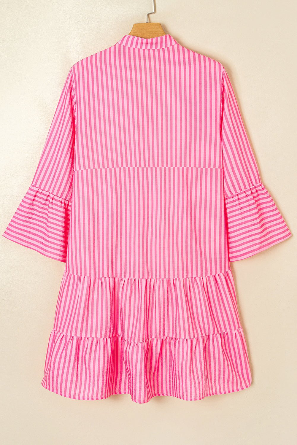 Pink Stripe Flare Sleeve Half Placket Tiered Flowy Mini Dress - MAD RUFFI