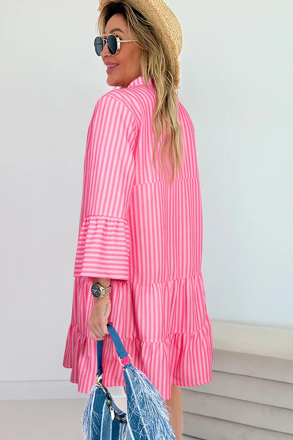 Pink Stripe Flare Sleeve Half Placket Tiered Flowy Mini Dress - MAD RUFFI