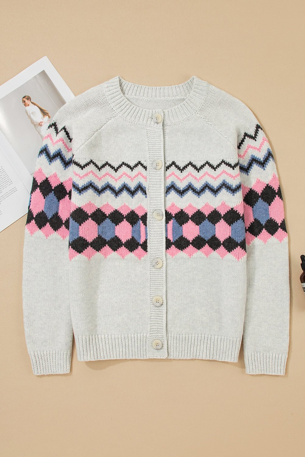 Pink Stripe Geometric Button Up Sweater Cardigan - MAD RUFFI