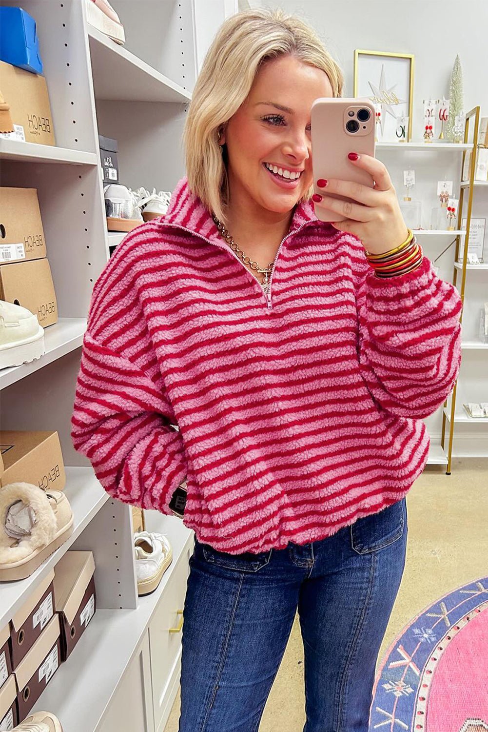 Pink Stripe Quarter Zip Fleece Oversize Sweatshirt - MAD RUFFI