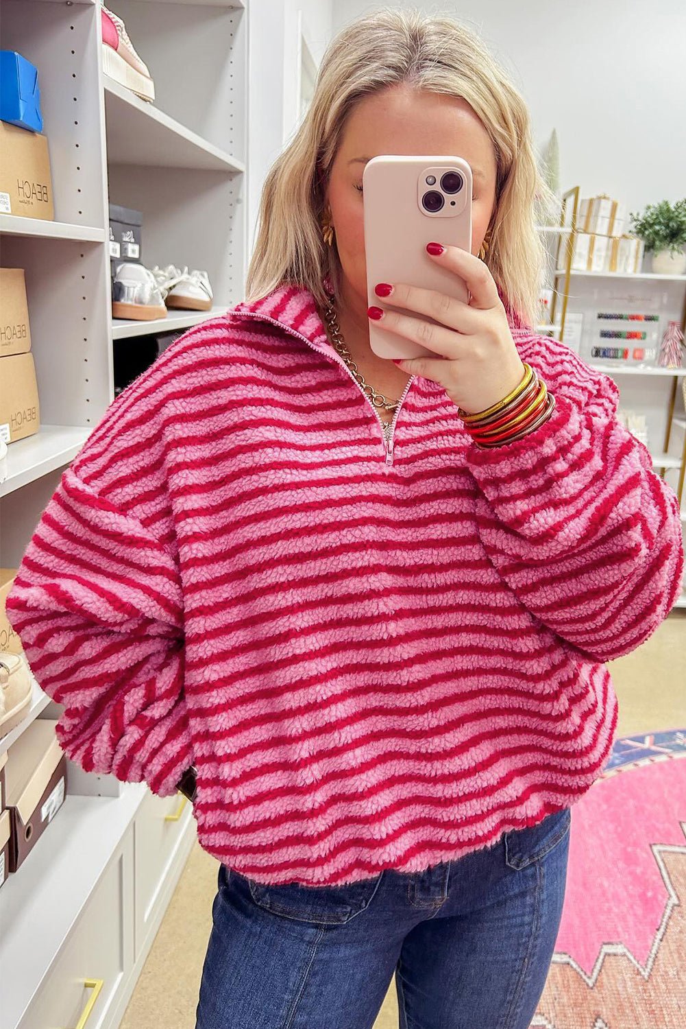 Pink Stripe Quarter Zip Fleece Oversize Sweatshirt - MAD RUFFI