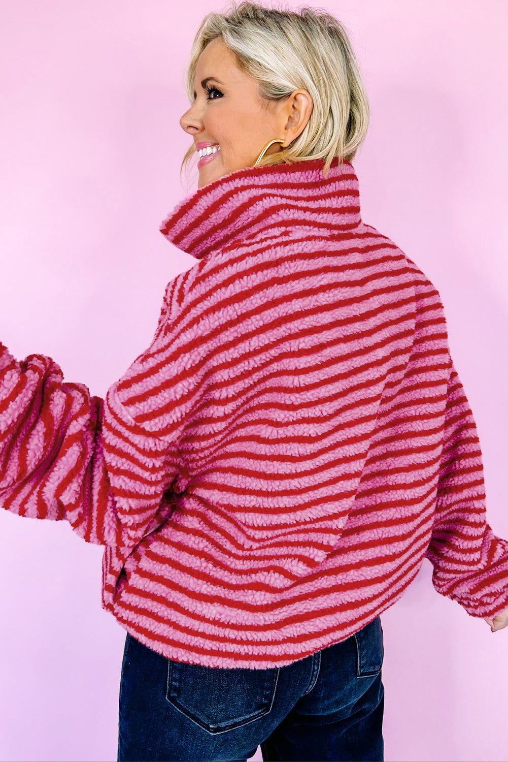 Pink Stripe Quarter Zip Fleece Oversize Sweatshirt - MAD RUFFI