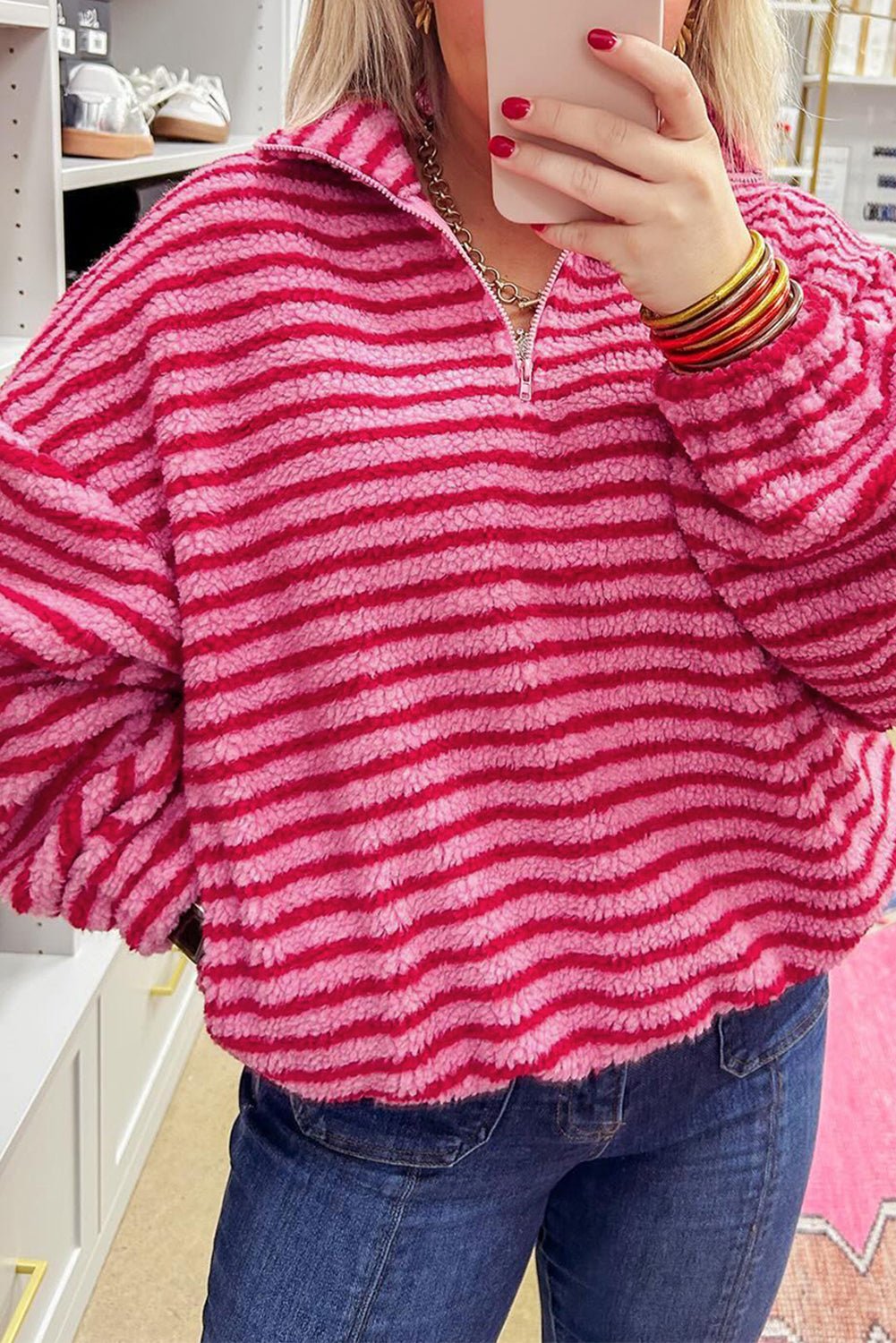 Pink Stripe Quarter Zip Fleece Oversize Sweatshirt - MAD RUFFI