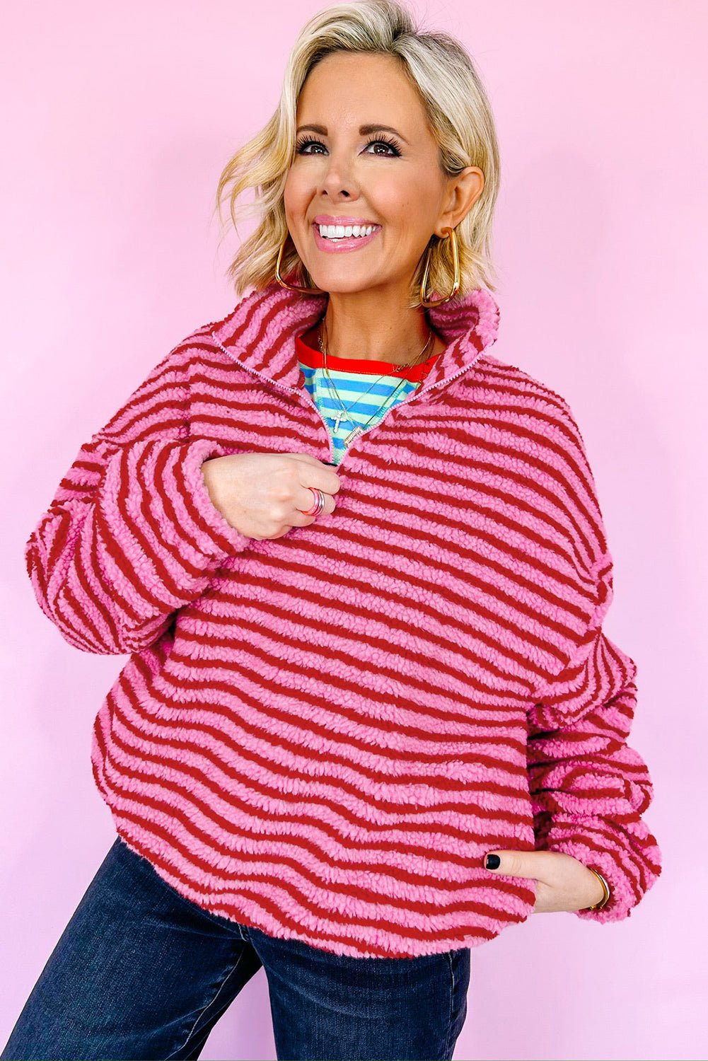 Pink Stripe Quarter Zip Fleece Oversize Sweatshirt - MAD RUFFI