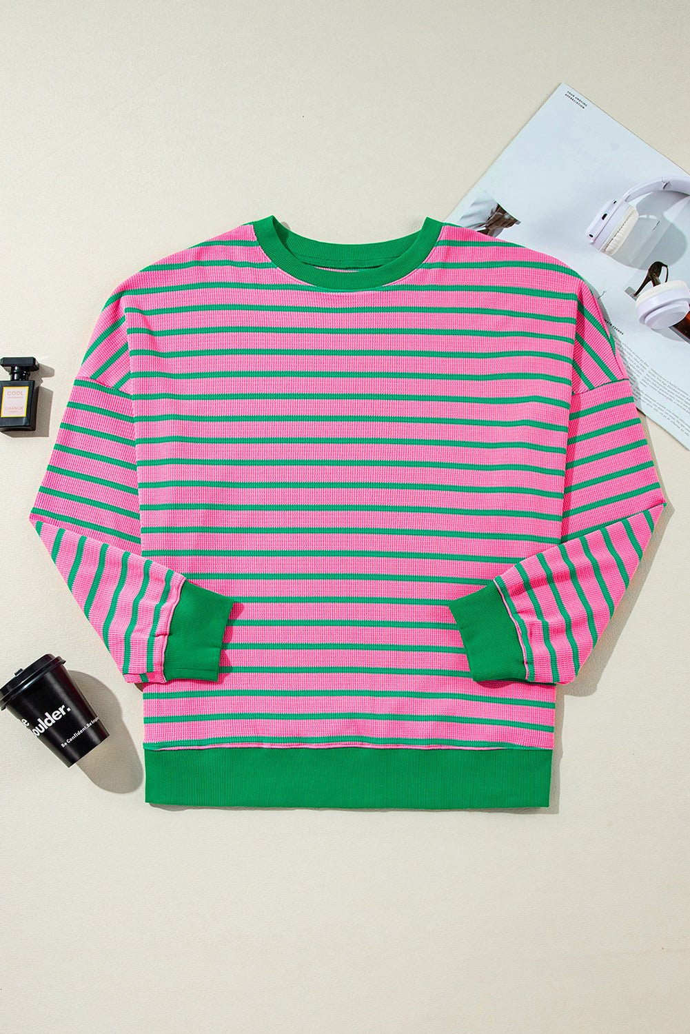 Pink Stripe Waffle Knit Crew Neck Plus Size Sweatshirt - MAD RUFFI