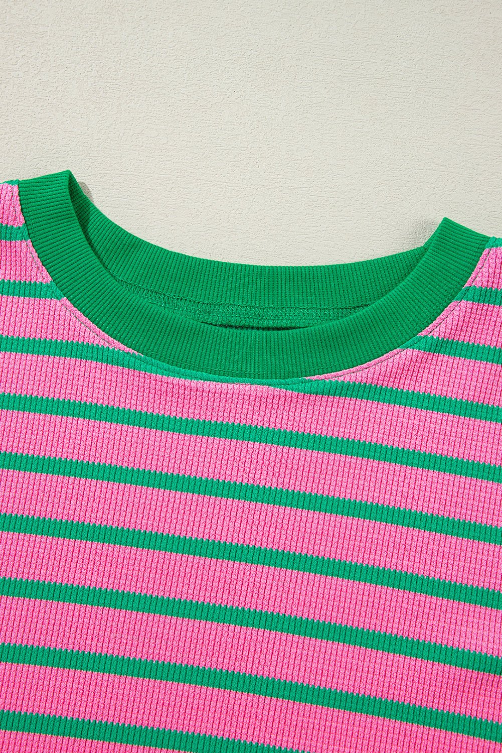 Pink Stripe Waffle Knit Crew Neck Plus Size Sweatshirt - MAD RUFFI