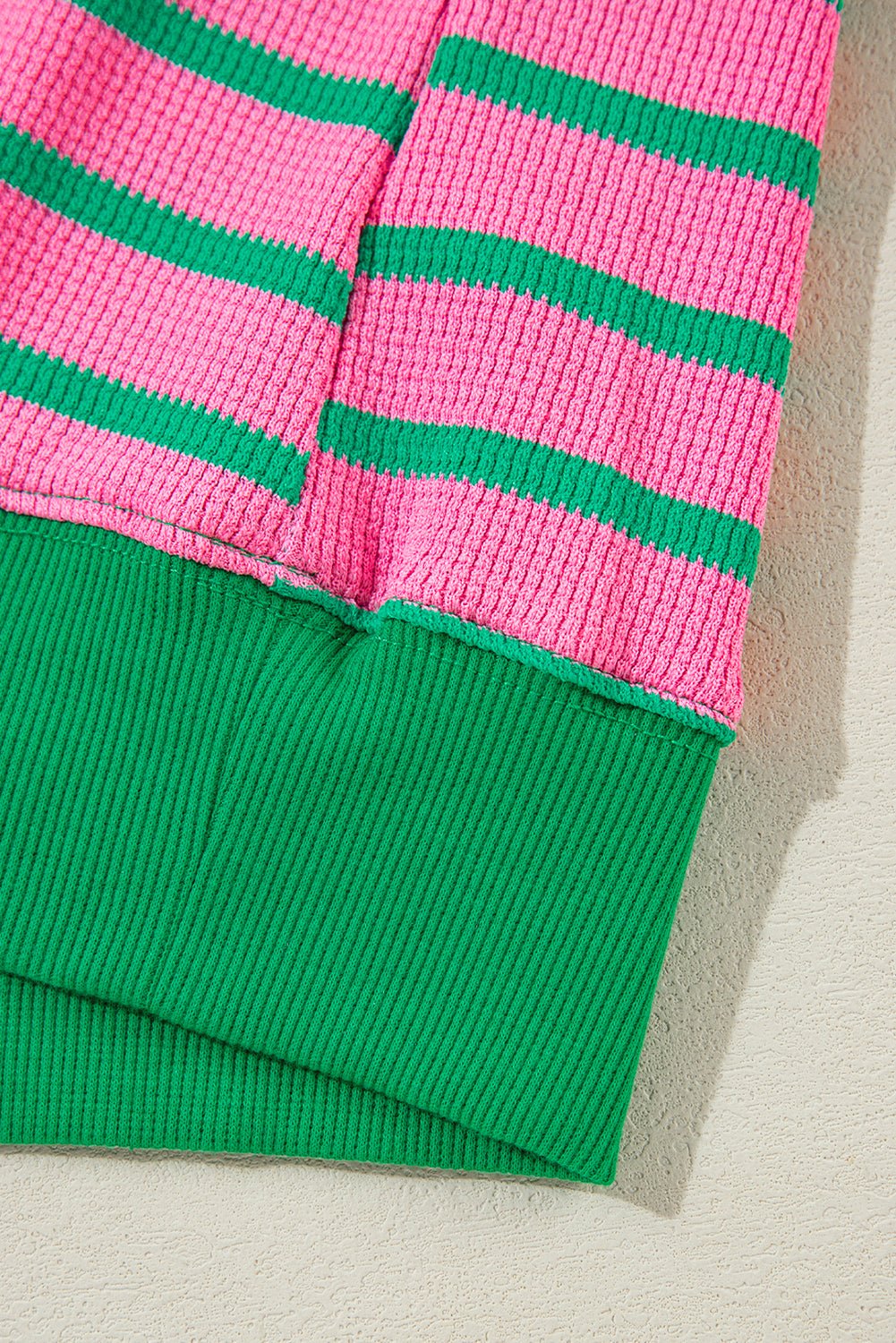 Pink Stripe Waffle Knit Crew Neck Plus Size Sweatshirt - MAD RUFFI