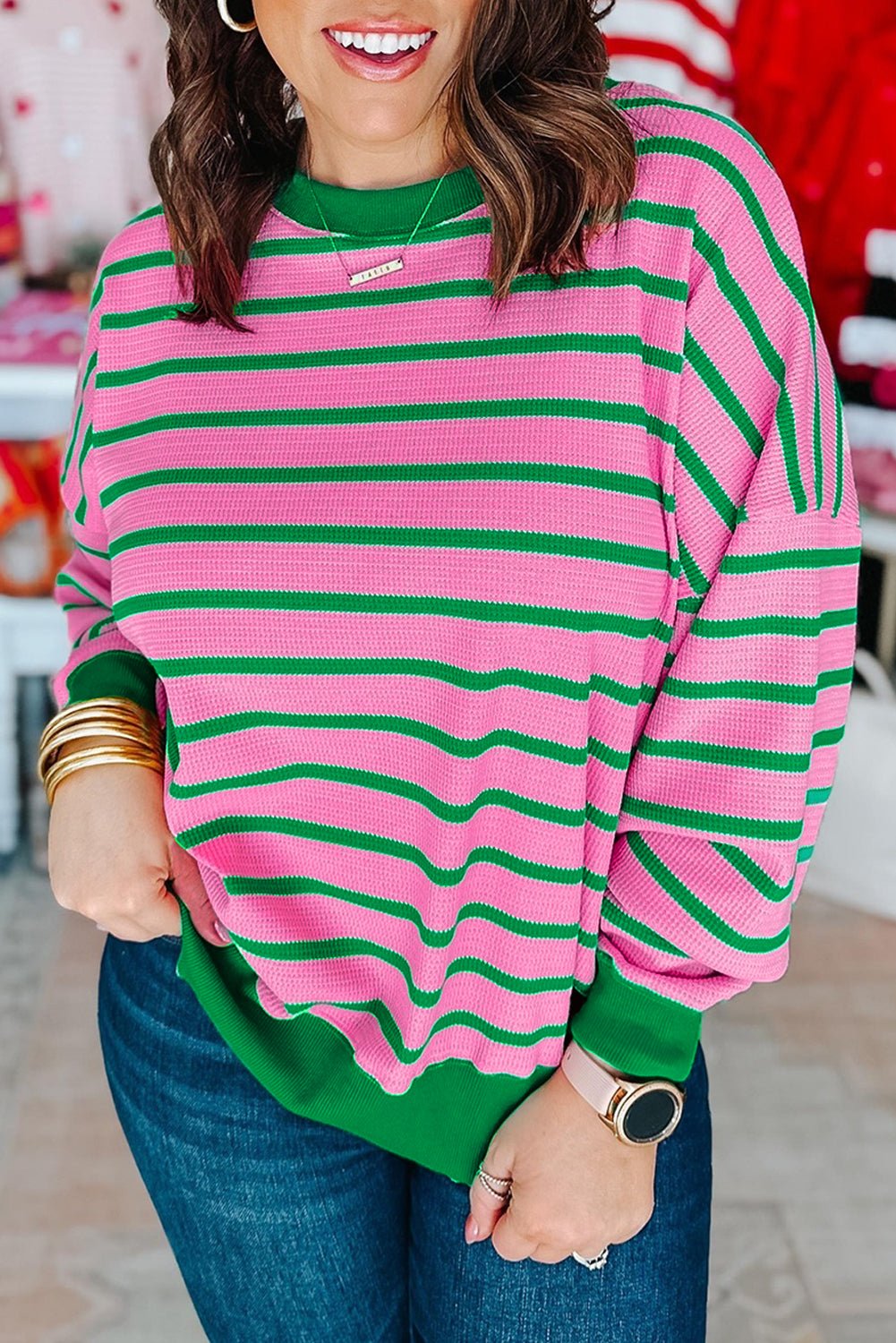 Pink Stripe Waffle Knit Crew Neck Plus Size Sweatshirt - MAD RUFFI