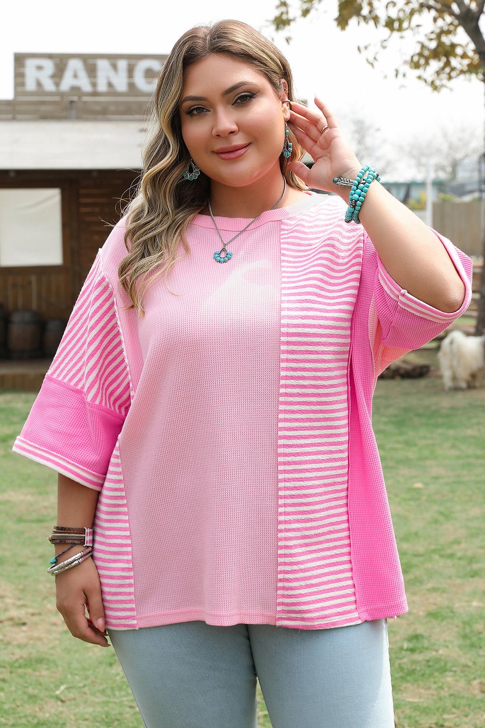 Pink Stripe Waffle Patchwork Plus Size T-Shirt - MAD RUFFI