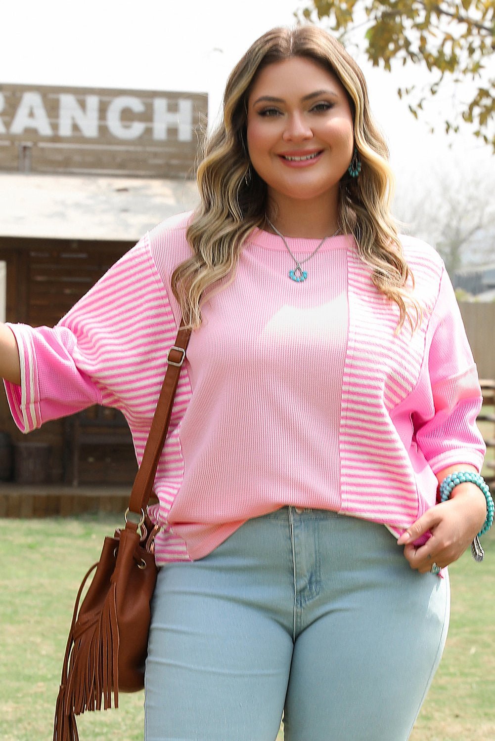 Pink Stripe Waffle Patchwork Plus Size T-Shirt - MAD RUFFI