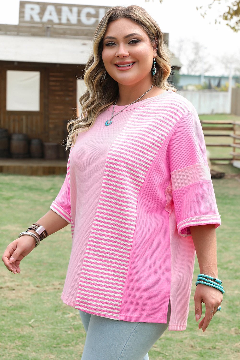 Pink Stripe Waffle Patchwork Plus Size T-Shirt - MAD RUFFI