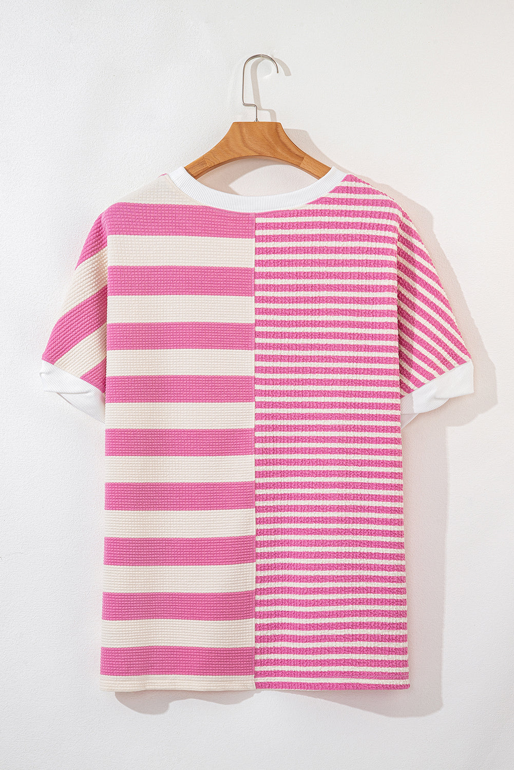 Pink Stripe Waffle Patchwork Short Sleeve High Low Loose T Shirt - MAD RUFFI