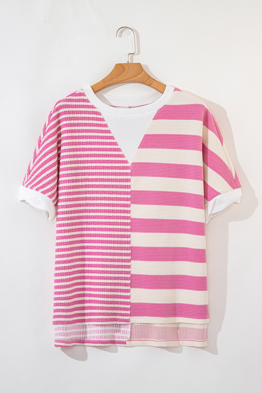 Pink Stripe Waffle Patchwork Short Sleeve High Low Loose T Shirt - MAD RUFFI