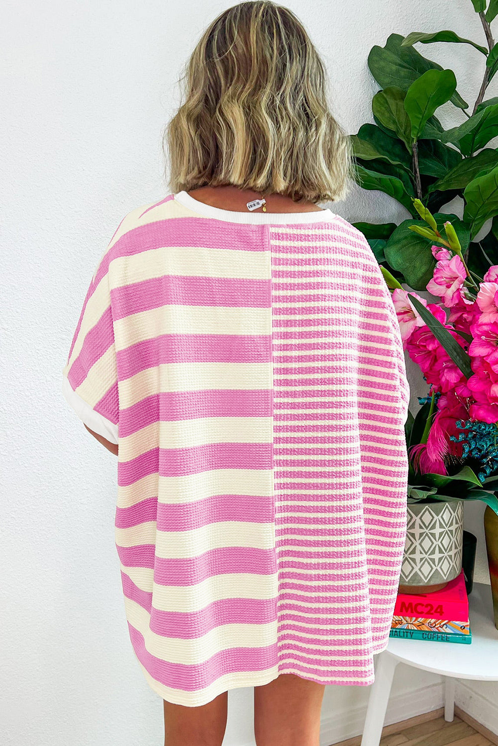 Pink Stripe Waffle Patchwork Short Sleeve High Low Loose T Shirt - MAD RUFFI