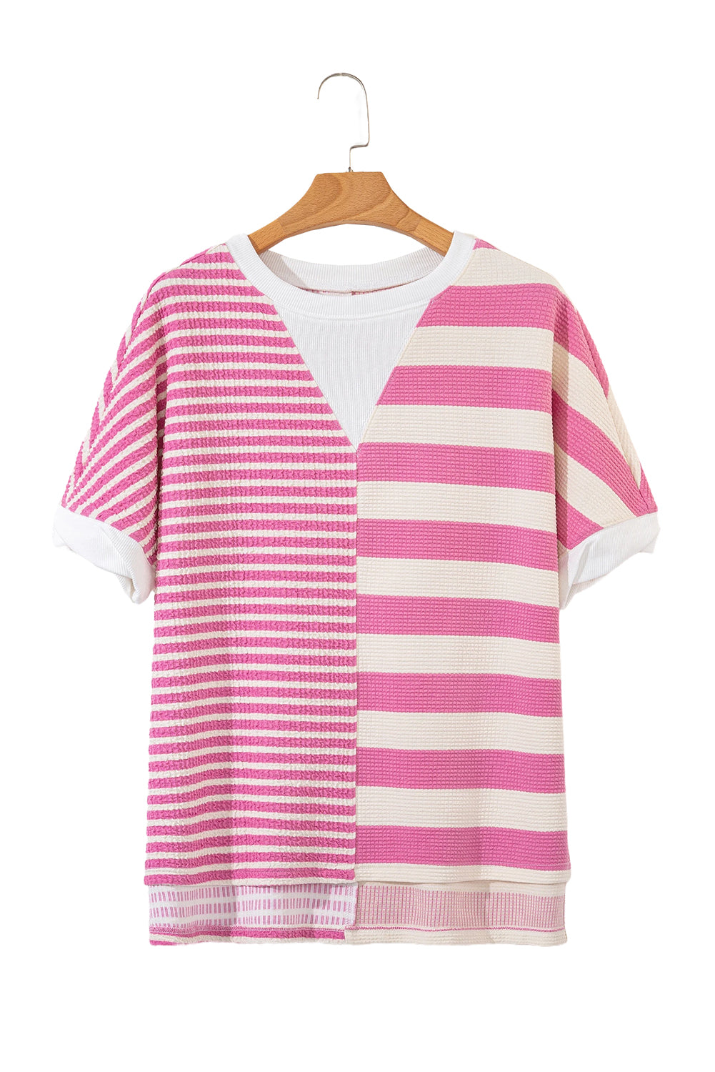 Pink Stripe Waffle Patchwork Short Sleeve High Low Loose T Shirt - MAD RUFFI