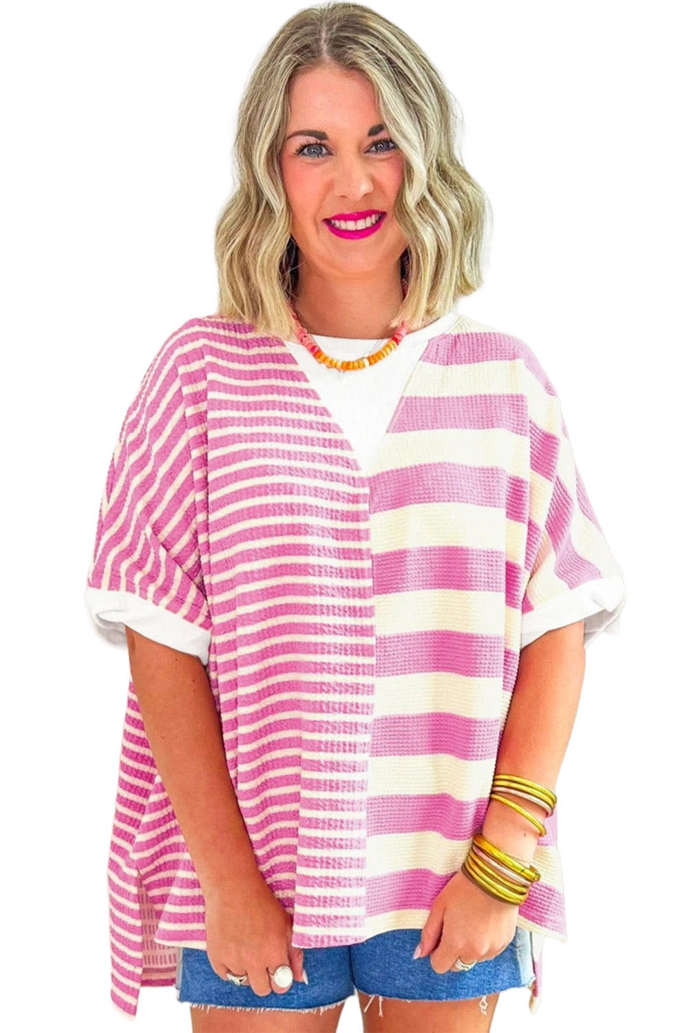 Pink Stripe Waffle Patchwork Short Sleeve High Low Loose T Shirt - MAD RUFFI