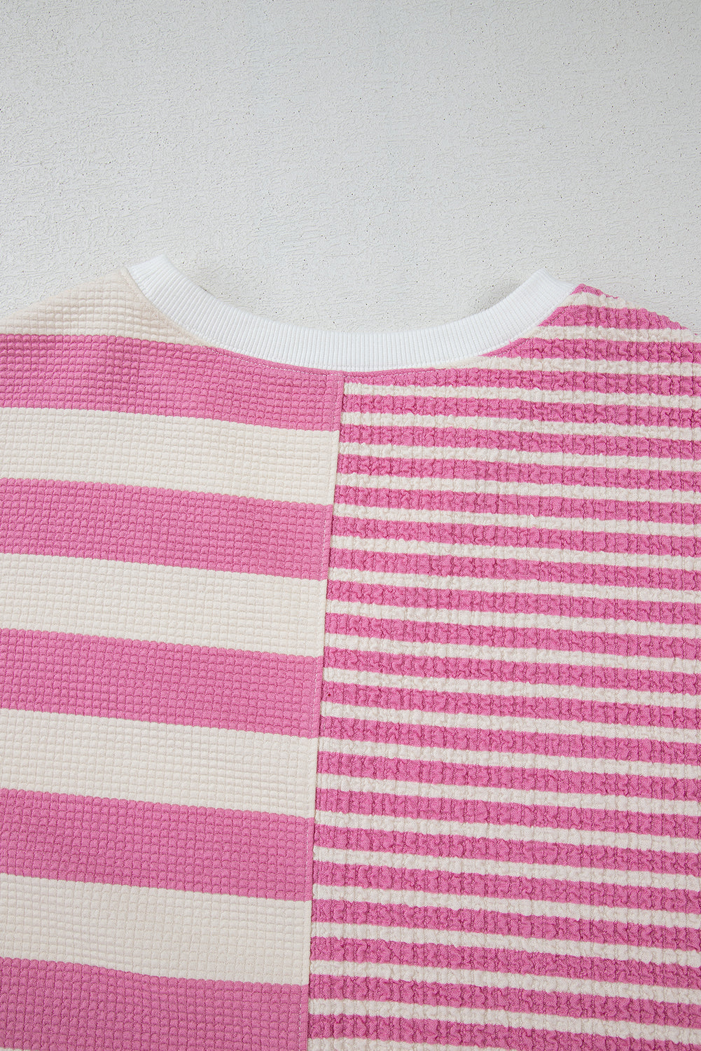 Pink Stripe Waffle Patchwork Short Sleeve High Low Loose T Shirt - MAD RUFFI