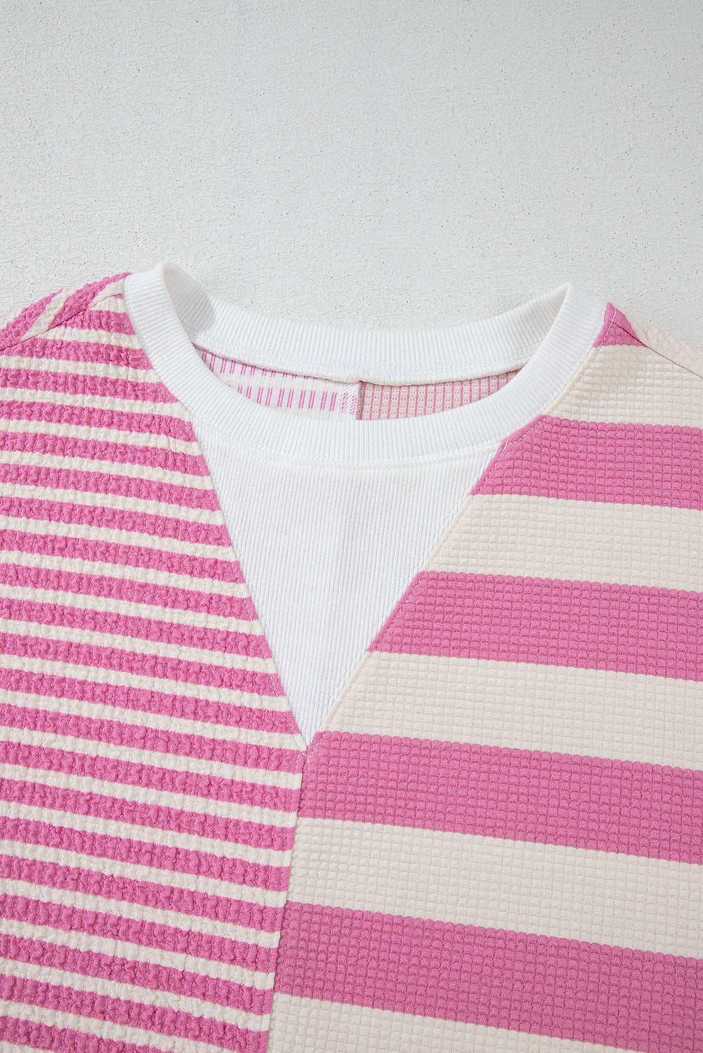 Pink Stripe Waffle Patchwork Short Sleeve High Low Loose T Shirt - MAD RUFFI