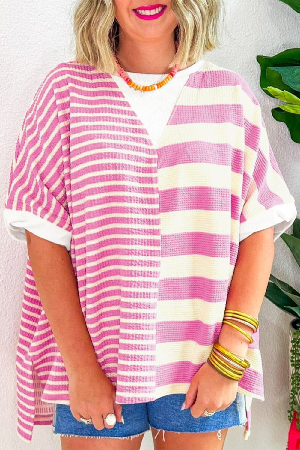 Pink Stripe Waffle Patchwork Short Sleeve High Low Loose T Shirt - MAD RUFFI