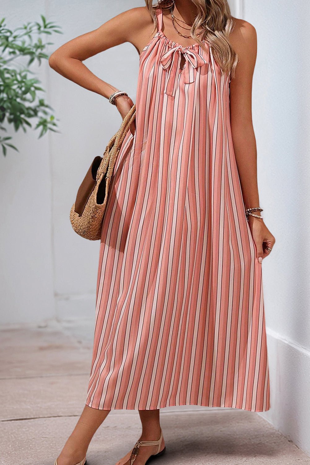 Pink Striped Bowknot Flowy Midi Dress - MAD RUFFI