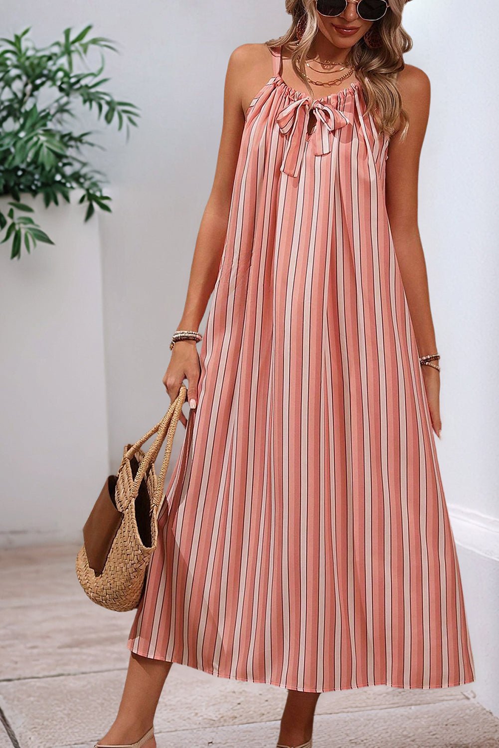Pink Striped Bowknot Flowy Midi Dress - MAD RUFFI