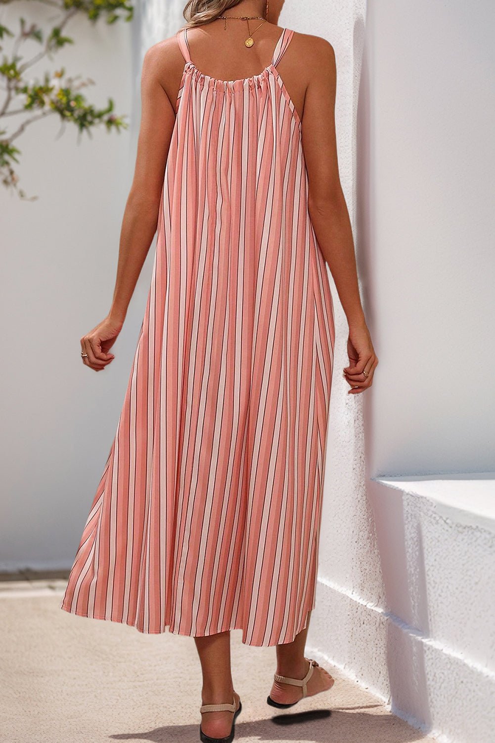 Pink Striped Bowknot Flowy Midi Dress - MAD RUFFI