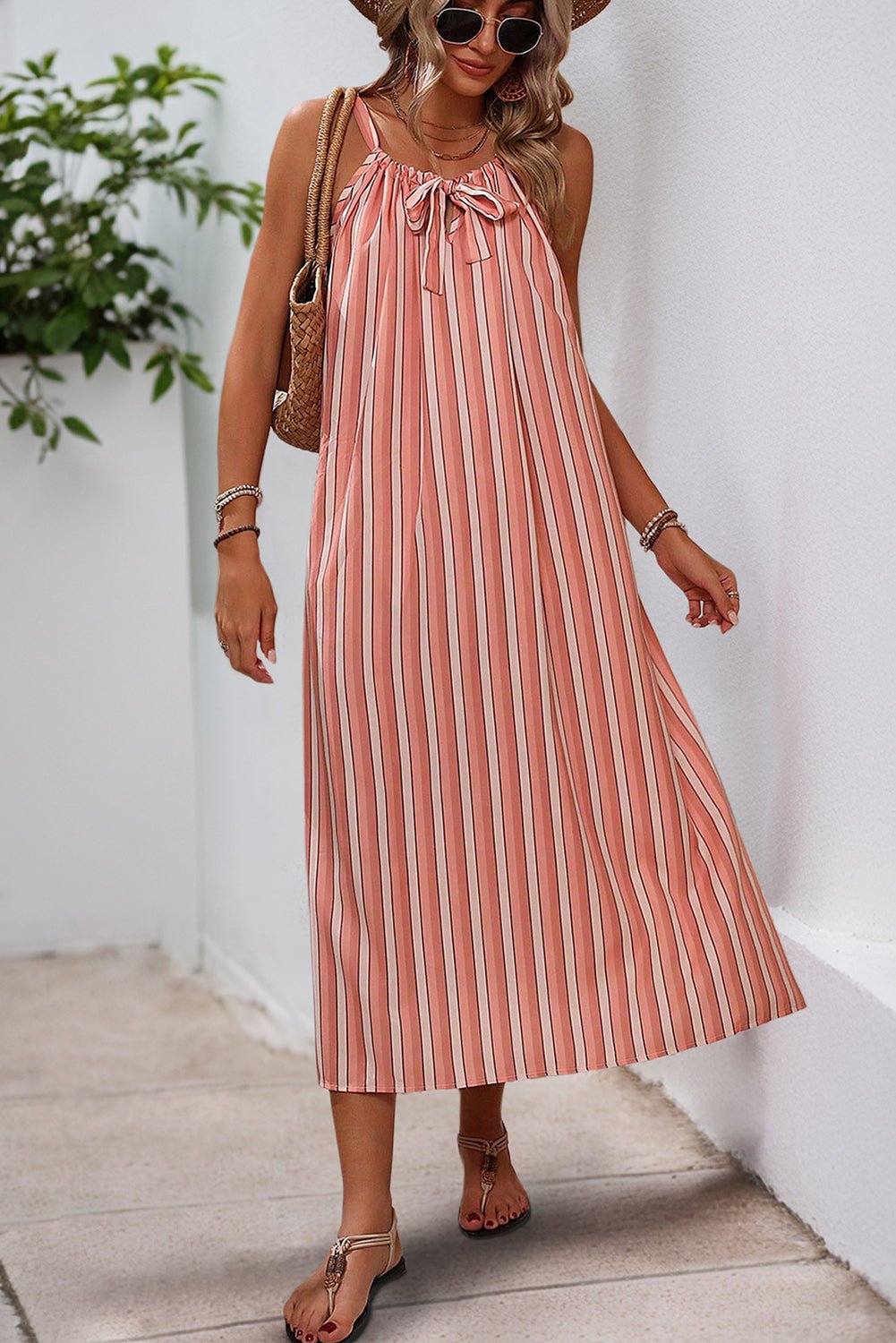 Pink Striped Bowknot Flowy Midi Dress - MAD RUFFI