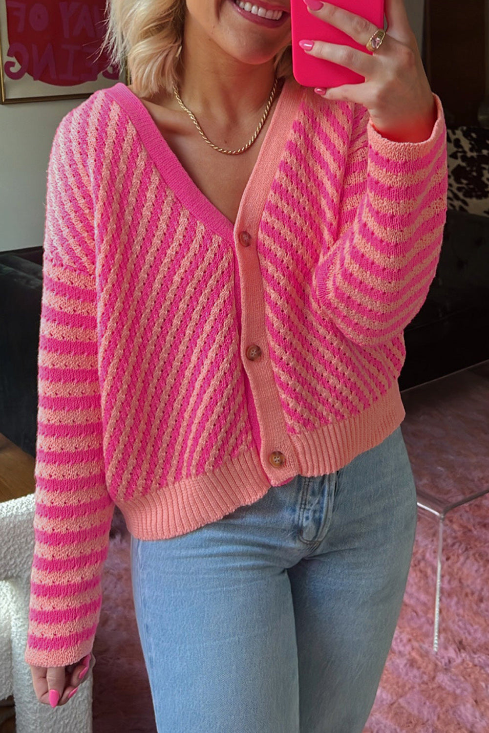 Pink Striped Buttoned V Neck Drop Shoulder Cardigan - MAD RUFFI