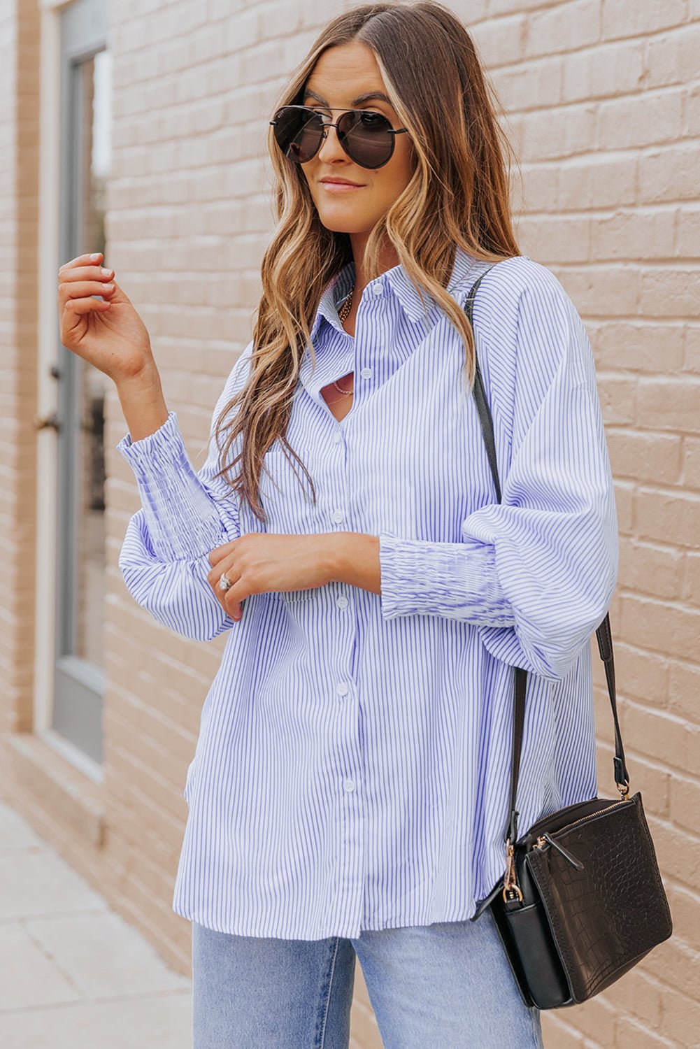 Pink Striped Casual Shirred Cuffs Shirt - MAD RUFFI