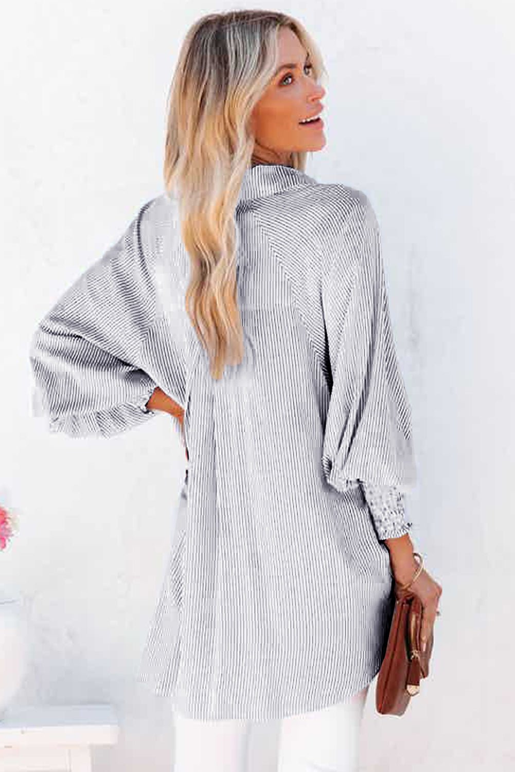 Pink Striped Casual Shirred Cuffs Shirt - MAD RUFFI