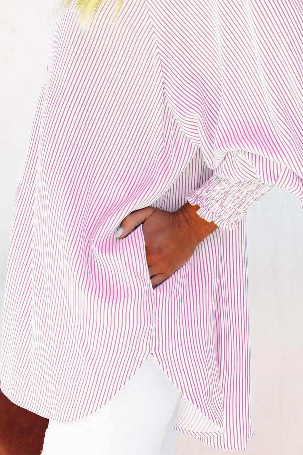 Pink Striped Casual Shirred Cuffs Shirt - MAD RUFFI
