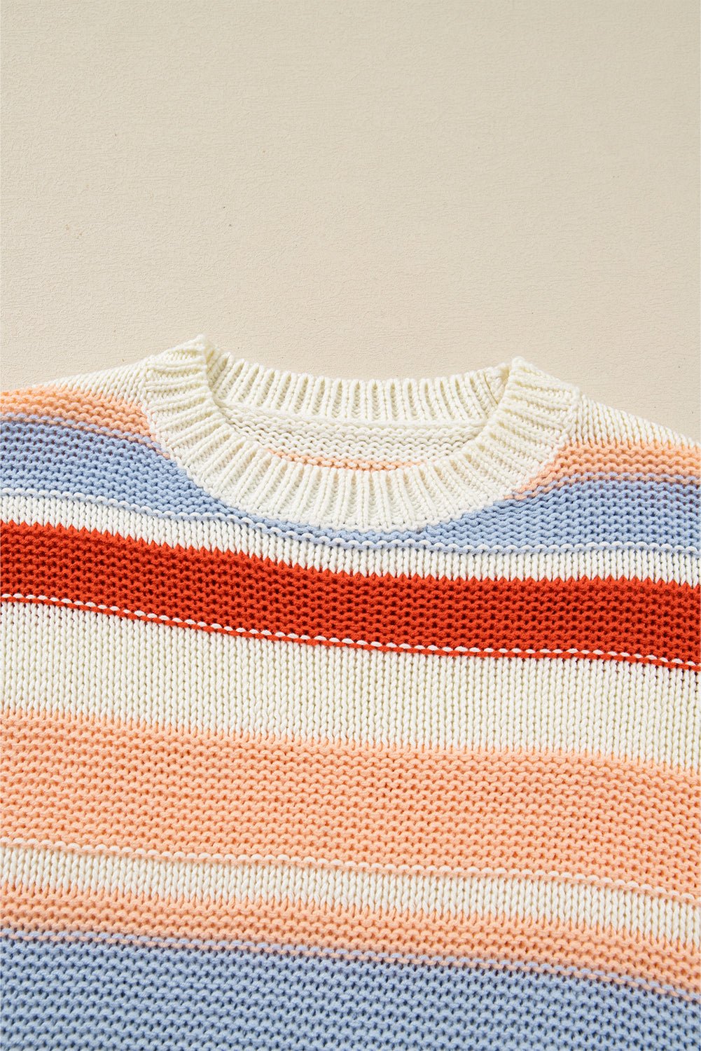 Pink Striped Colorblock Round Neck Drop Shoulder Sweater - MAD RUFFI